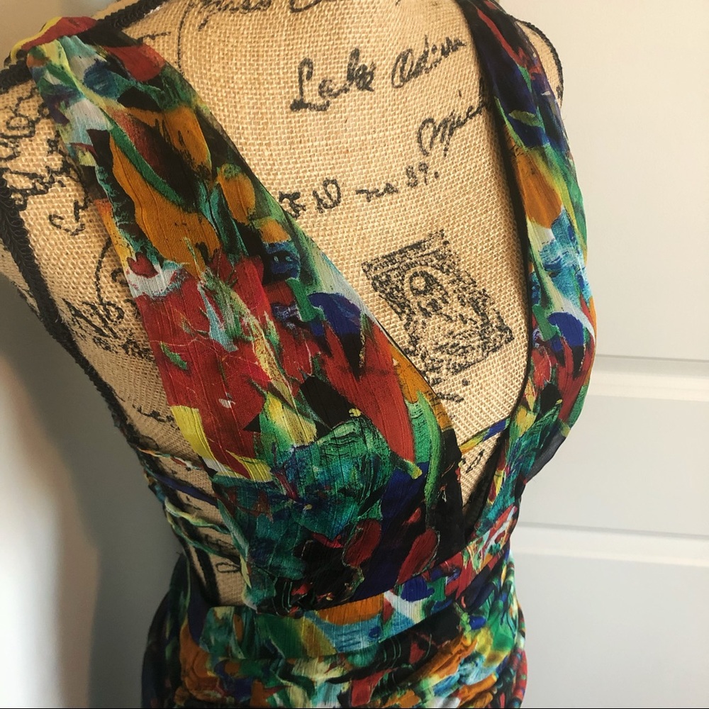NWOT✨Colorful Semi Sheer Cut Out Plunging Ruched Maxi Sundress - Picture 3 of 6